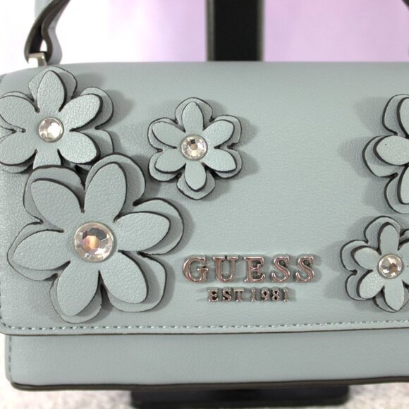 Guess Zaria Mini Top Handle Crossbody – Slate Blue with Floral Appliqués - Picture 3 of 8